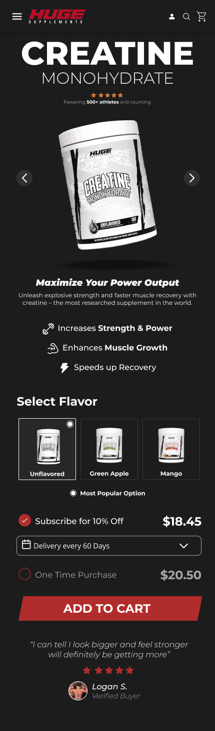 Our mock-up of what we’d test: a line on what it does under the photo, the three benefits straight after it, and Subscribe for 10% off selected first