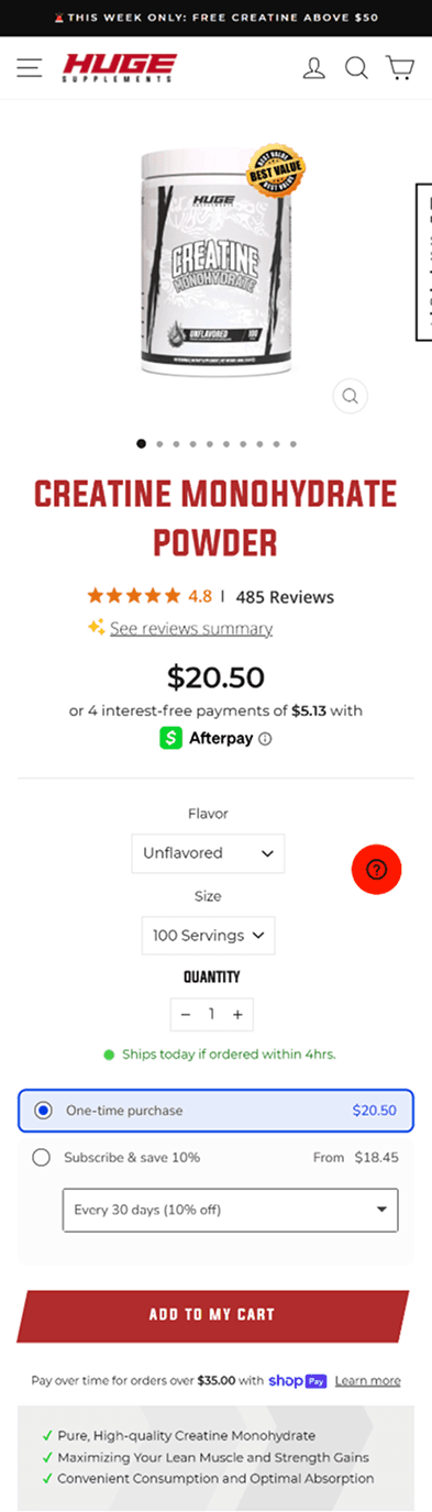 Huge Supplements’ public creatine product page on mobile: the product name, the price, One-time purchase selected above the subscription, Add to Cart, then three benefit lines at the bottom