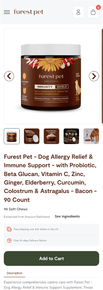 Furest Pet’s public product page on mobile: photo, a six-line product name, the chew count, shipping notes, then Add to Cart, with no price and no reviews